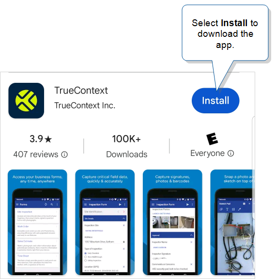 Google Play Store that shows the TrueContext app and the Install button to download the app.