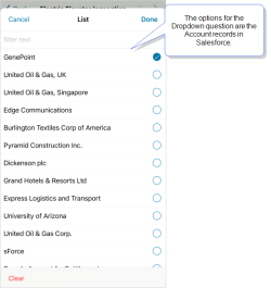 Options for a Dropdown question. Each option is an Account record in Salesforce.
