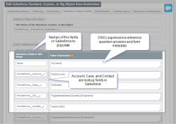 Data Destination mapping. The destination sends question answers and form metadata to Salesforce.