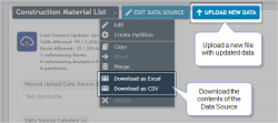 Open Manual Upload Data Source. The dropdown menu shows options to download the contents of the Data Source. Use the "Upload new data" button to upload a new file with updated data.