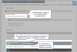 Data Destination Update Query configuration. The destination creates a new record for each submitted form. If the destination finds an existing record with the submitted form Reference Number, it updates the record. The destination Update Handling settings are: "Update if exists, otherwise create new". 