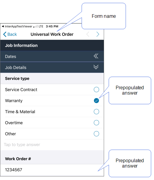 "Universal Work Order" form open with "Service type" and "Work Order #" prepopulated