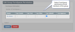 Image that shows the space where you edit a group's FormSpace permissions. You can select each permission to enable it for the group.
