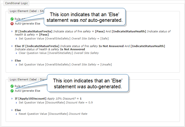 This conditional logic block can be found beneath the table of pages, questions, and sections. Icons indicate if an Else statement is auto-generated.