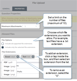 File Upload "Properties" tab that shows "Maximum Attachments" set to 1, "File Options" set to "Include only the selected file extensions", Excel and Text file extensions in the list with an "X" icon next to each, the cursor in an empty part of the "File Extensions" box and a dropdown list that shows PDF and Image file extensions that the user can select.