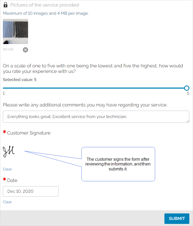 The customer signs the form after reviewing the information, and then submits it.