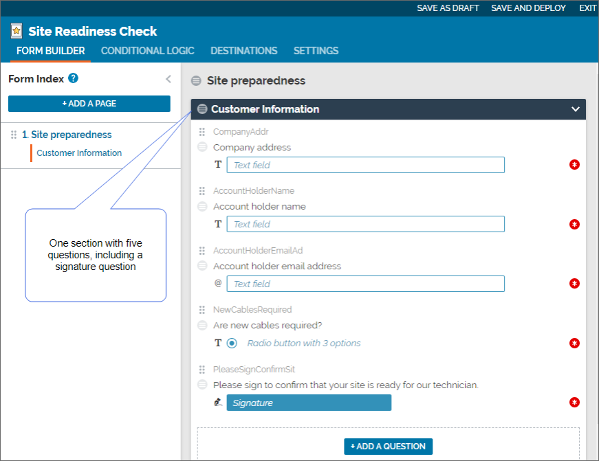 Form Builder set up with one page (Site preparedness), one section (Customer Information), and five questions, asking for company and account holder details along with a signature