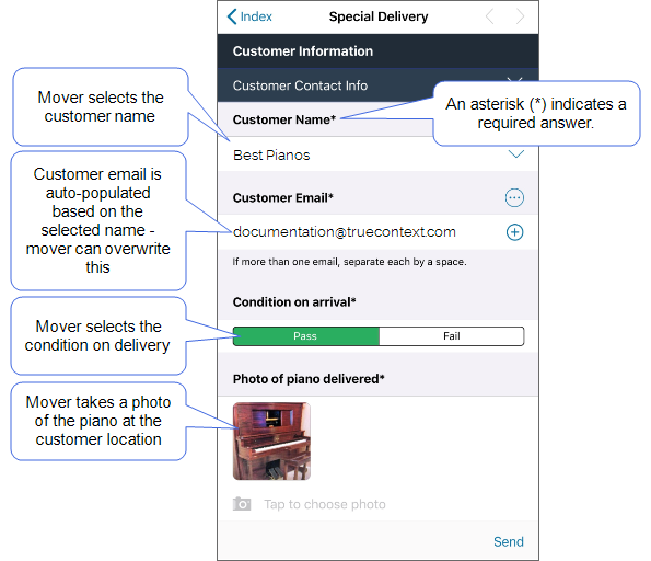 Form that shows the customer name, customer email, piano condition, and photo of the piano at the customer site