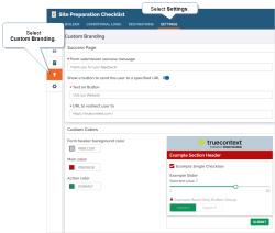 Settings tab with Custom Branding selected. You can configure the "Form submission success message", a button to send the user to a URL, and custom colors to use for the header background, main color, and action color, such as for sliders and buttons.