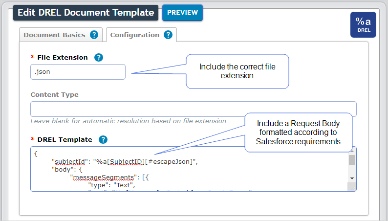 The File Extension for this example is .json. The DREL Template section contains the Request Body.