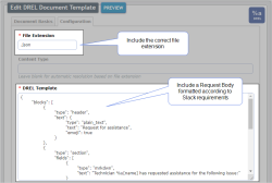 DREL document to post a Slack notification. The File Extension is set to .json, and the DREL template section includes a JSON document formatted according to Slack requirements.