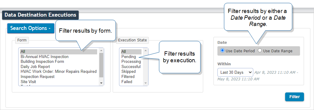 Search filter options for the Data Destination executions list.