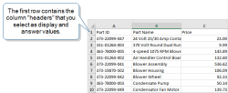 Excel worksheet that shows "Part ID" in the first row of column A, "Part Name" in the first row of column B, and "Price" in the first row of column C. These are the column "headers" that you select as display and answer values.