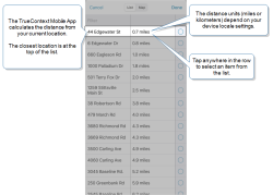 List view of locations from a Data Source that shows distance from the user's current location in miles. Tap anywhere in a row to select a location.