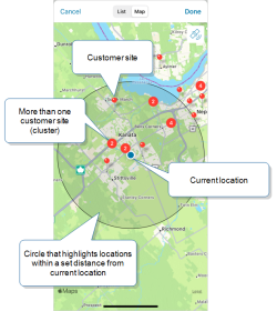 Map view that shows pins and clusters of locations, a blue dot that shows the current location, and a circle that highlights locations within a set distance from the current location.