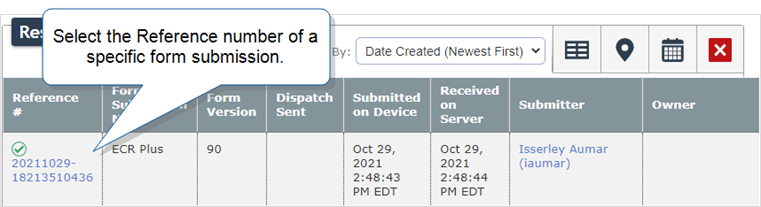 Select a reference number in the Reference # column of the Form Submission list.