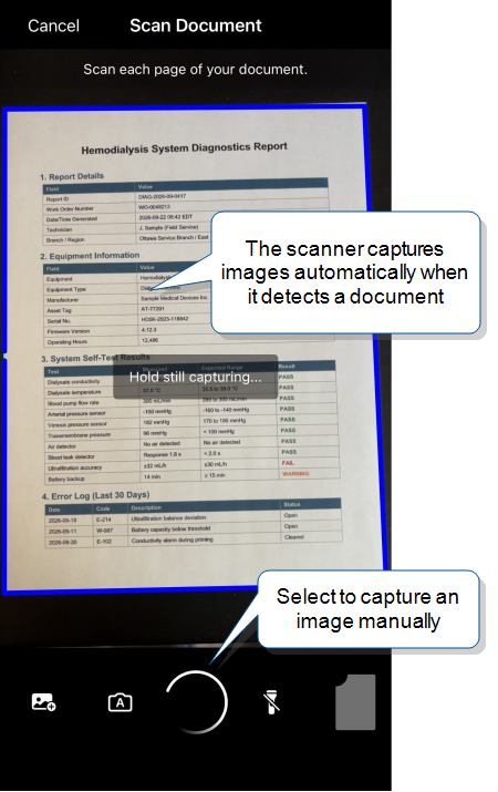 The Scan Document camera view with the detected page outlined. A callout on the page reads “The scanner captures images automatically when it detects a document.” A callout on the capture button reads “Select to capture an image manually.”