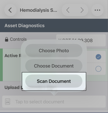 The File Upload question in the Mobile App with its input options open: Choose Photo, Choose Document, and Scan Document. Scan Document is highlighted.