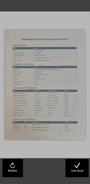 A captured page with the Retake and Use Scan options highlighted.