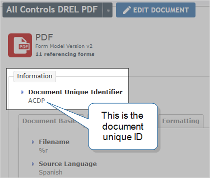 Document details apge that shows the "Document Unique Identifier" at the top of the "Information" section. In this example, the unique ID is "ACDP".