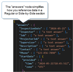 JSON data structure that shows the "answers" node with "InspectionDate", "Inspector", and "Job" subvariables