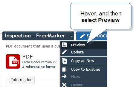 "Preview" at top of menu when you hover over the document name