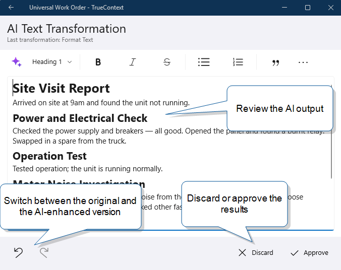 The Windows AI Enhancement full-screen review page, with the AI output displayed in an editable text area and an action bar at the bottom showing back and forward arrow icons, a Discard button, and an Approve button.