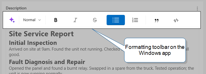 A Text Area question in the Windows app with the formatting toolbar visible inline above the text field. Toolbar buttons include the sparkle icon, a Normal paragraph-style selector, bold, italic, strikethrough, bulleted list, numbered list, quote, and code.