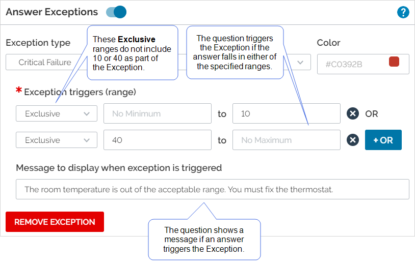 A question shows an exception when the answer is less than 10 or greater than 40. The question shows a message if an answer triggers the exception.