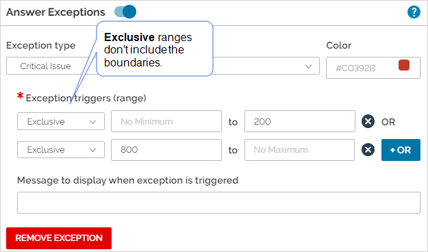 The user configures exclusive ranges. One with no minimum up to 200, and the other from 800 with no maximum.