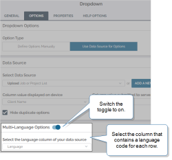 Question options that show "Use Data Source for Options" selected, the "Multi-Language" switch toggled to on, and the "Select the language column..." set to “Language”. The language column in the data source contains a language code for each translated row.