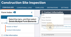 A section with the dropdown menu expanded. The mouse hovers over Delete Multiple Form Elements.