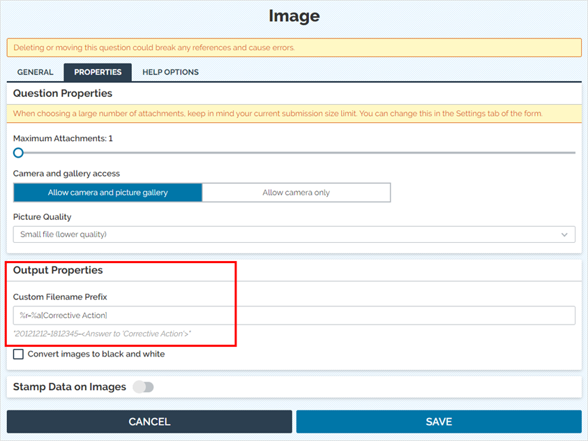 "Custom filename prefix" in an image question type's properties 