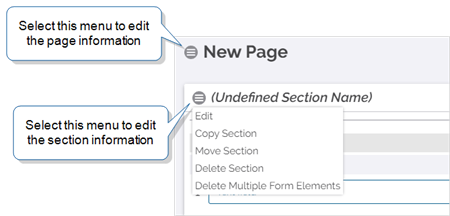 Select the menus next to the Section and Page names for the options Edit, Copy, Move, and Delete.