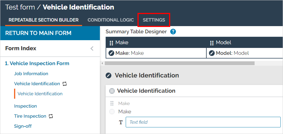 "Settings" on the repeatable section top navigation