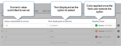 Button Group options that show "Value submitted to server" as "10, "Text displayed on device" as "Excellent", and "Display color" Green (the color applied once the field user selects the option).