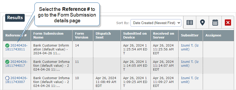 Select the reference number to go to the Form Submission details page.