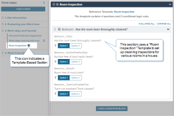 An example of a Template-Based Section in the Form Builder. The example shows a set of four questions for a bedroom inspection, based on a Template titled "Room Inspection".