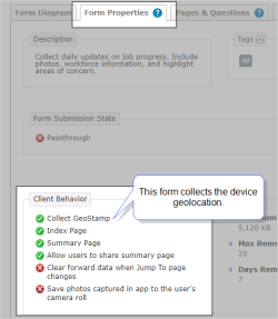 The Form Properties tab showing a form's configuration. This form has the "Collect Geo Location" setting enabled.