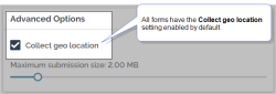 Form with the "Collect geo location" setting enabled by default.