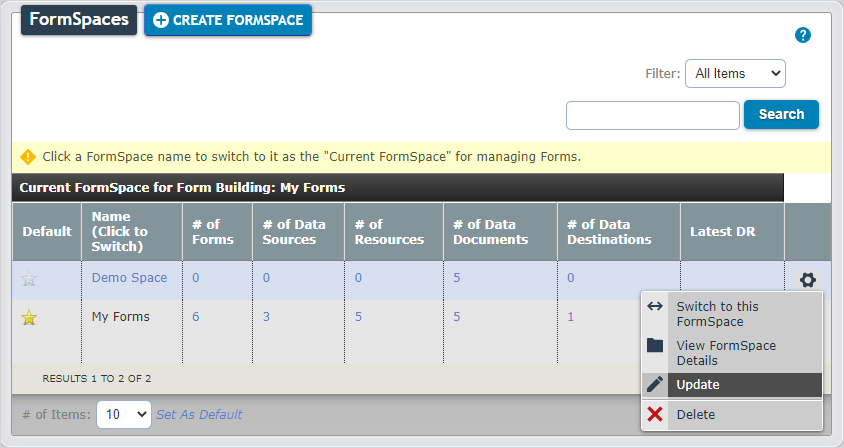 Hover over the settings gear icon of the desired FormSpace and select "Update" to edit FormSpace details.