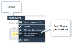 "Approvers" group hover menu that shows the "Edit FormSpace Permissions" option