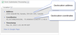 Form submission Geo location as both an address and coordinates. The system captures this data when the user submits the form.