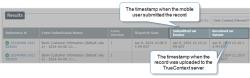 The Form Submissions page, with the Submitted on Device and Received on Server column headers highlighted.