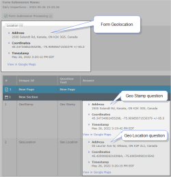 Form Submission details page showing geolocation data as street addresses. Includes the form geolocation, and the answer to geolocation questions.