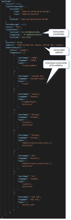 Geo location details in a JSON document. Details include the address, coordinates, location source, and location timestamp.