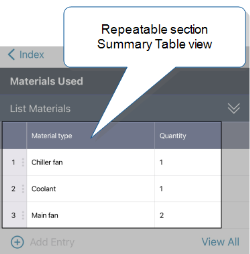 Repeatable section titled "List Materials" with the Summary Table view that shows column 1 "Material type" and column 2 "Quantity", with two rows (entries) completed