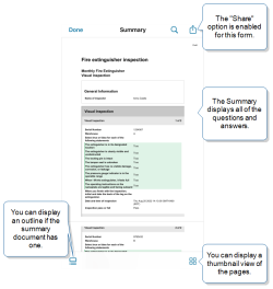 Summary page view that shows the form name "Fire extinguisher inspection", the description "Monthly Fire Extinguisher Visual Inspection", the Repeatable Section heading "Visual Inspection", the sub-form page heading "Visual Inspection", and the questions and answers displayed in a two-column layout. In this example, the "share" button is enabled, and the user can display a thumbnail view of the pages in the form.