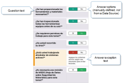 View of a form on iOS with Spanish translations for the question text, manually-defined answer options (not from a Data Source), and answer exception text.