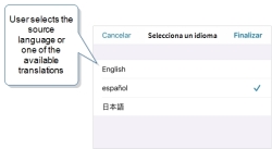 iOS Mobile App that shows the options to select English, Spanish, or Japanese.